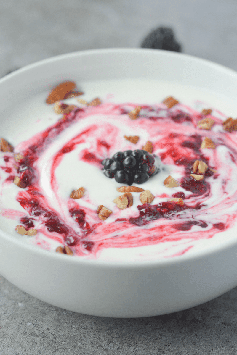 This low carb yogurt is super easy to make and actually good for you! With just 2 net carbs (for the base), it's the perfect way to brighten up your morning! | heyketomama.com