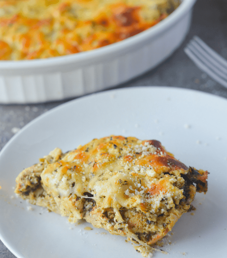 This Low Carb Chicken Pesto Bake is an amazing comfort meal that's actually good for you! It's full of flavor, warmth and CHEESE...doesn't get much better than that! | heyketomama.com