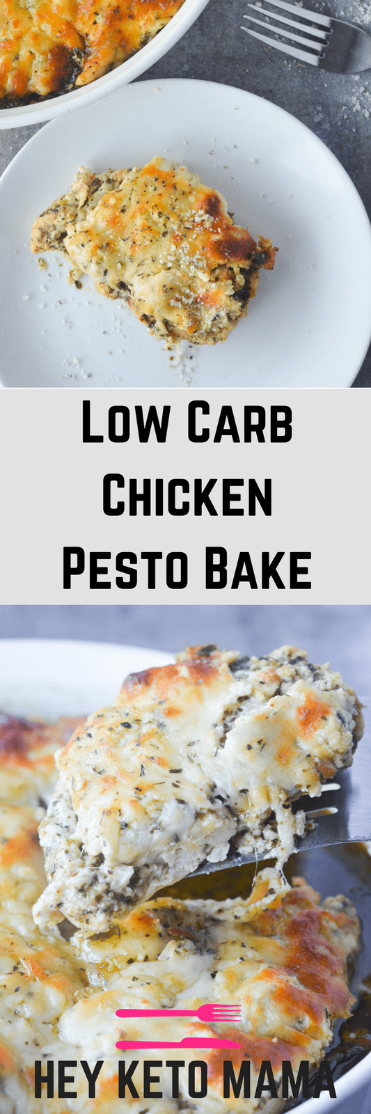 This Low Carb Chicken Pesto Bake is an amazing comfort meal that's actually good for you! It's full of flavor, warmth and CHEESE...doesn't get much better than that! | heyketomama.com
