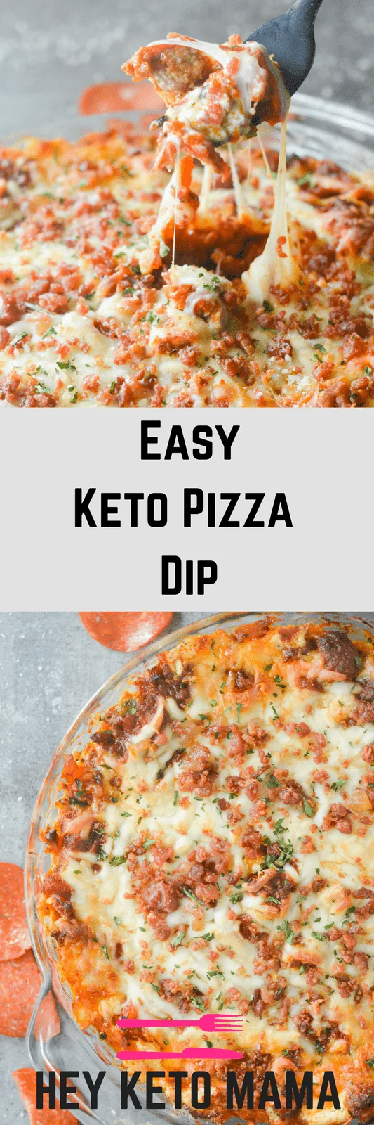 This Easy Keto Pizza Dip is a quick, warm, and savory recipe you can feel good about indulging in with low carb bread sticks, pork rinds, or just a fork! | heyketomama.com