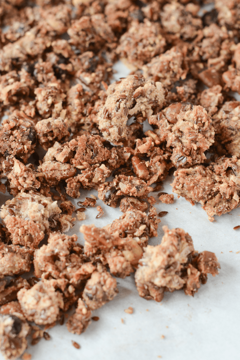 This Keto Cacao Coconut Granola is a delicious, low carb treat to satisfy your cravings for morning cereal, or just the perfect sweet and crunchy snack! | heyketomama.com
