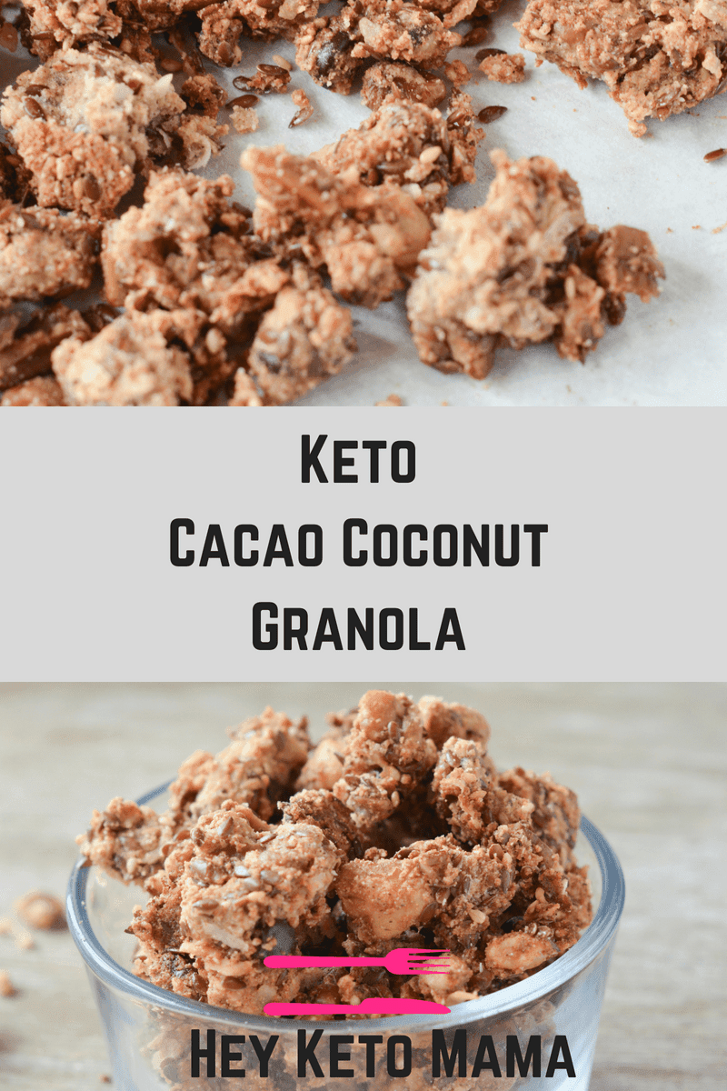 This Keto Cacao Coconut Granola is a delicious, low carb treat to satisfy your cravings for morning cereal, or just the perfect sweet and crunchy snack! | heyketomama.com