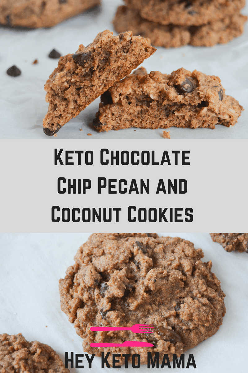 These Keto Chocolate Chip Pecan and Coconut Cookies are any low carb cookie lover's dream! They have the classic look and taste of your favorite homemade cookie, all with only 2.4g net carbs per cookie! | heyketomama.com