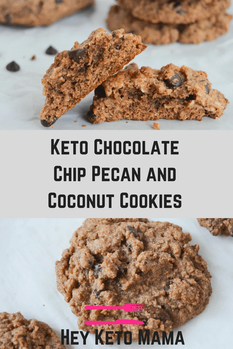 These Keto Chocolate Chip Pecan and Coconut Cookies are any low carb cookie lover's dream! They have the classic look and taste of your favorite homemade cookie, all with only 2.4g net carbs per cookie! | heyketomama.com