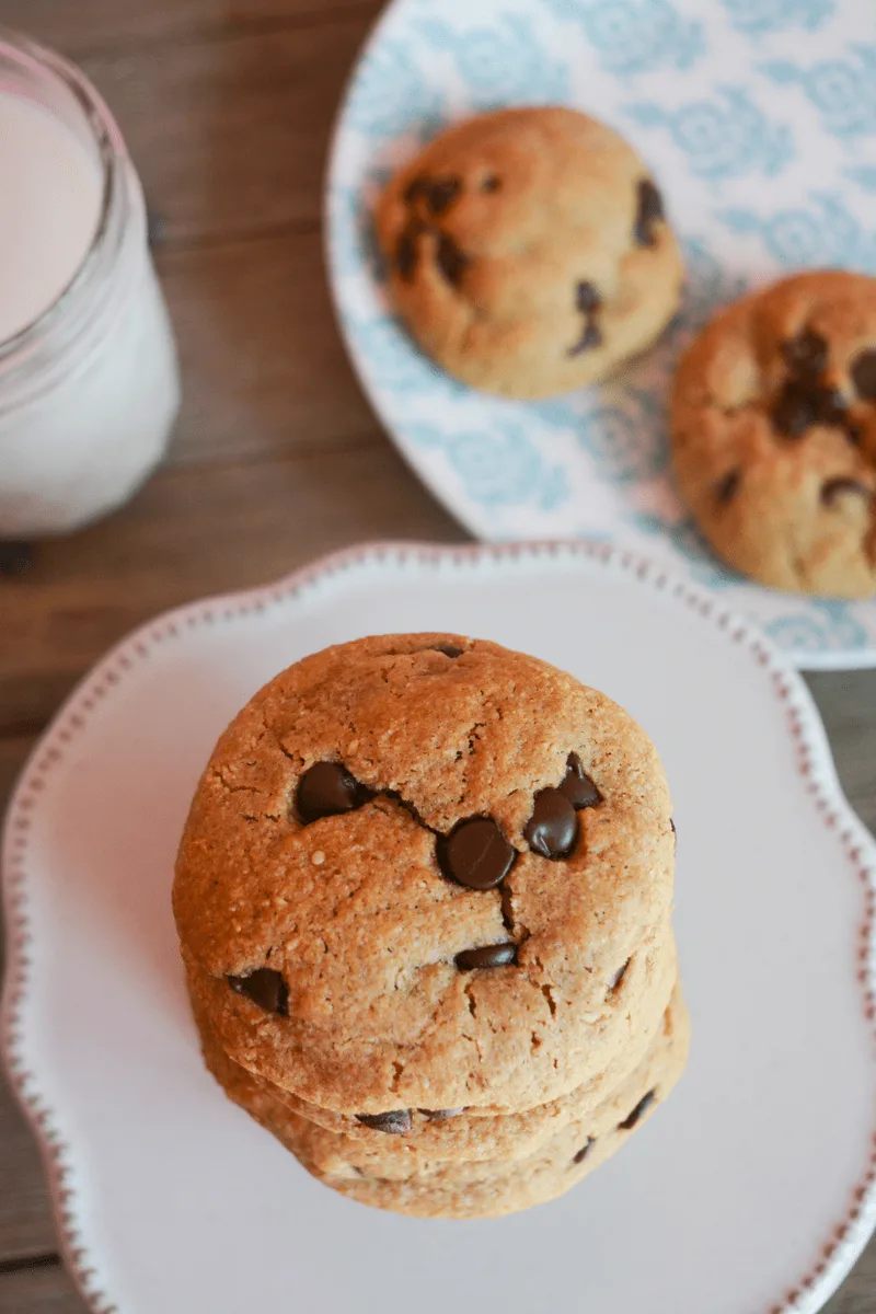 overhead of stack of keto peanut butter chocolate chip cookies