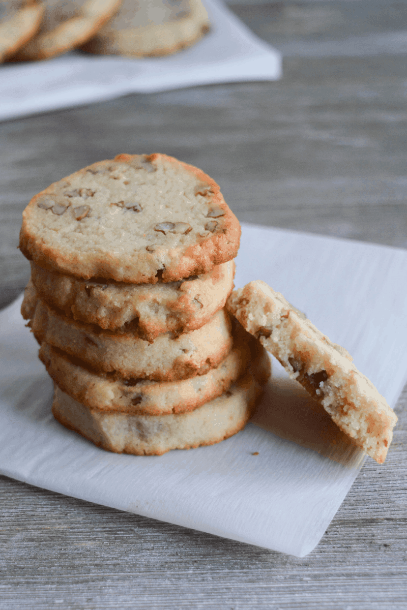 Keto Pecan Shortbread Cookies Stacked on a white napkin