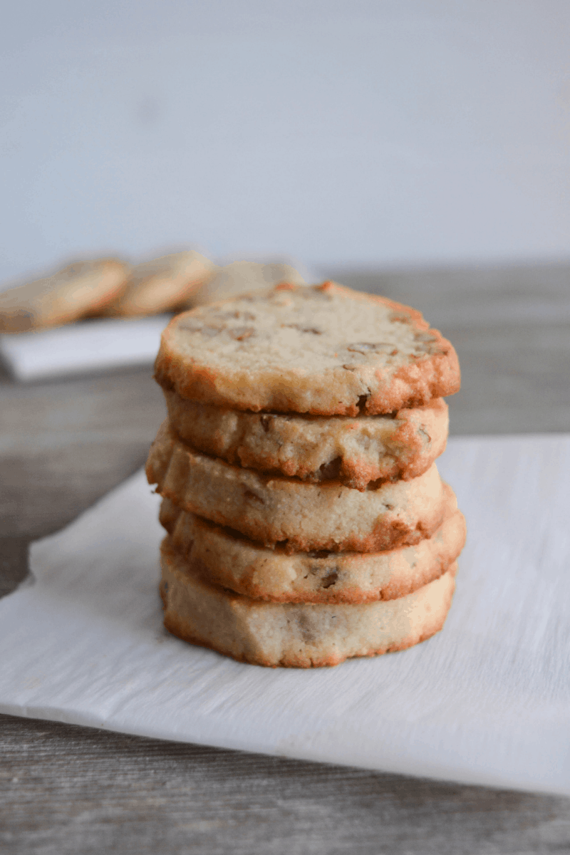 stack of five keto pecan shortbread cookies