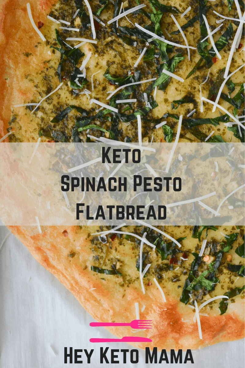 This Keto Spinach Pesto Flatbread is an amazingly flavorful appetizer, or quick and easy lunch. It's the perfect low carb replacement for your restaurant favorite! | heyketomama.com