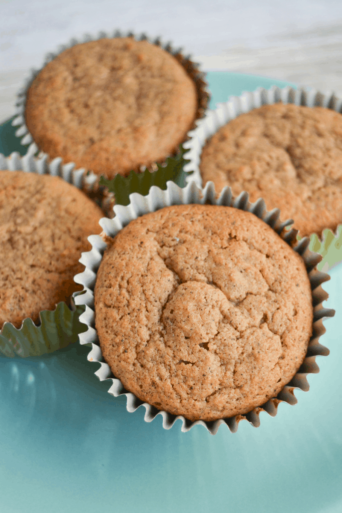 Four Keto Chai Muffins on a teal plate