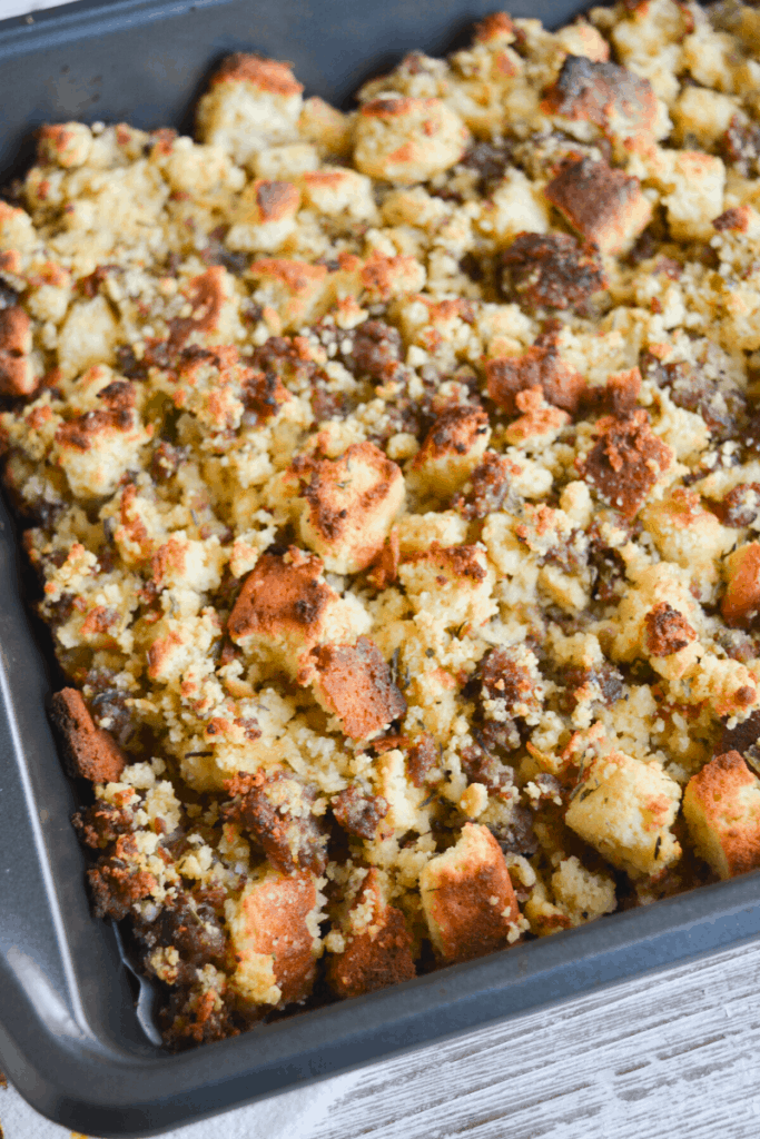 finished cornbread stuffing in a baking dish
