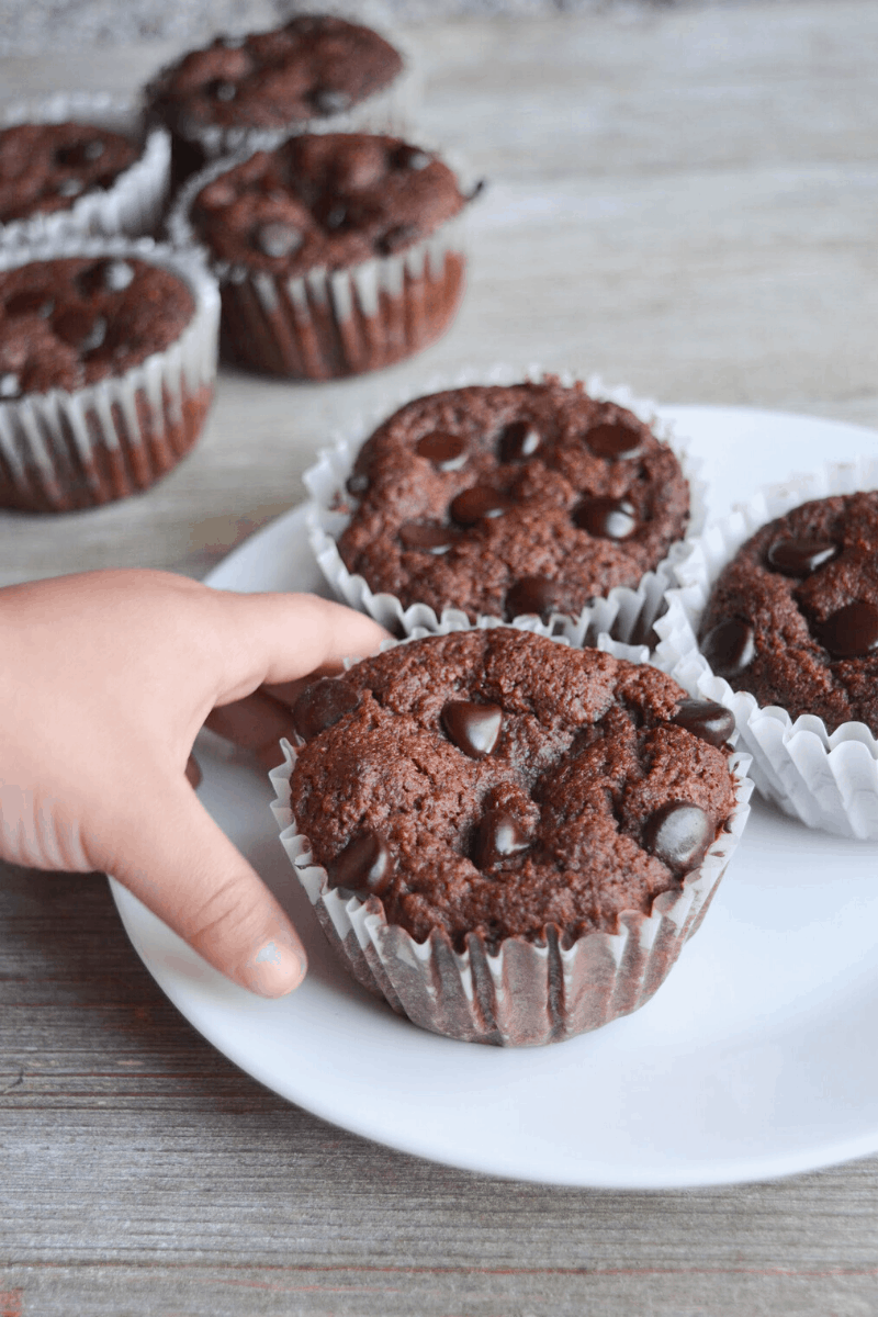 toddler hand reaching to grab a keto chocolate muffin on a white plate with two other muffins