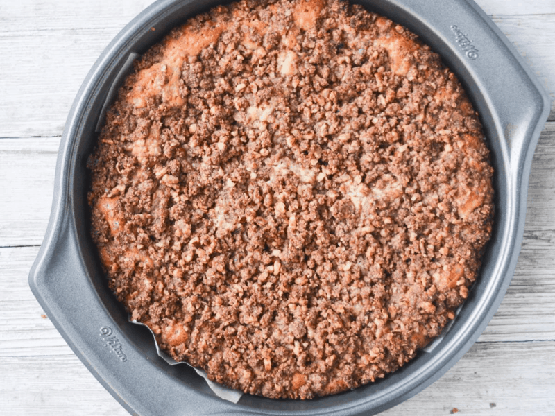 finished keto coffee cake in a cake pan