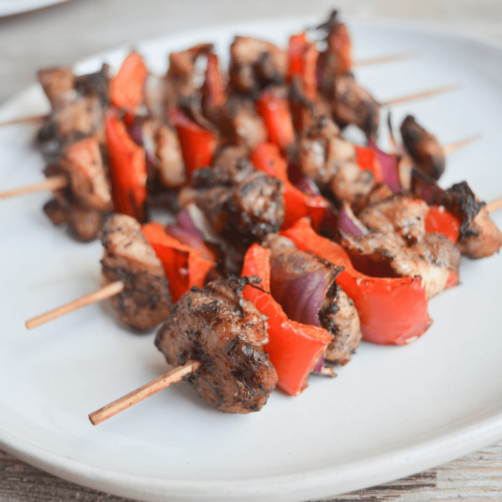 chicken kebabs seasoned with jerk seasoning and cooked in an air fryer 