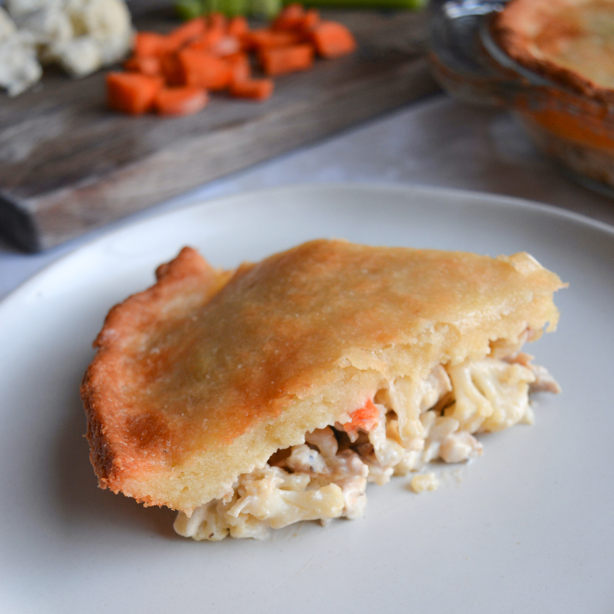 close up on a slice of low carb chicken pot pie