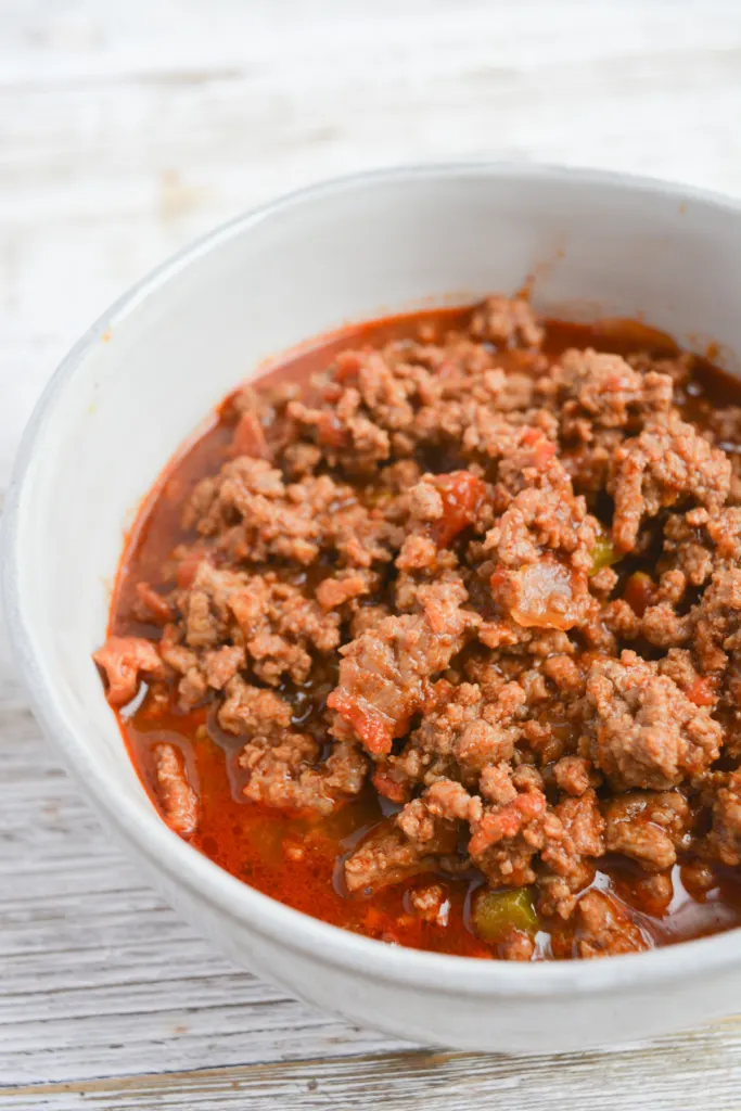 close up of a bowl of keto chili with no beans