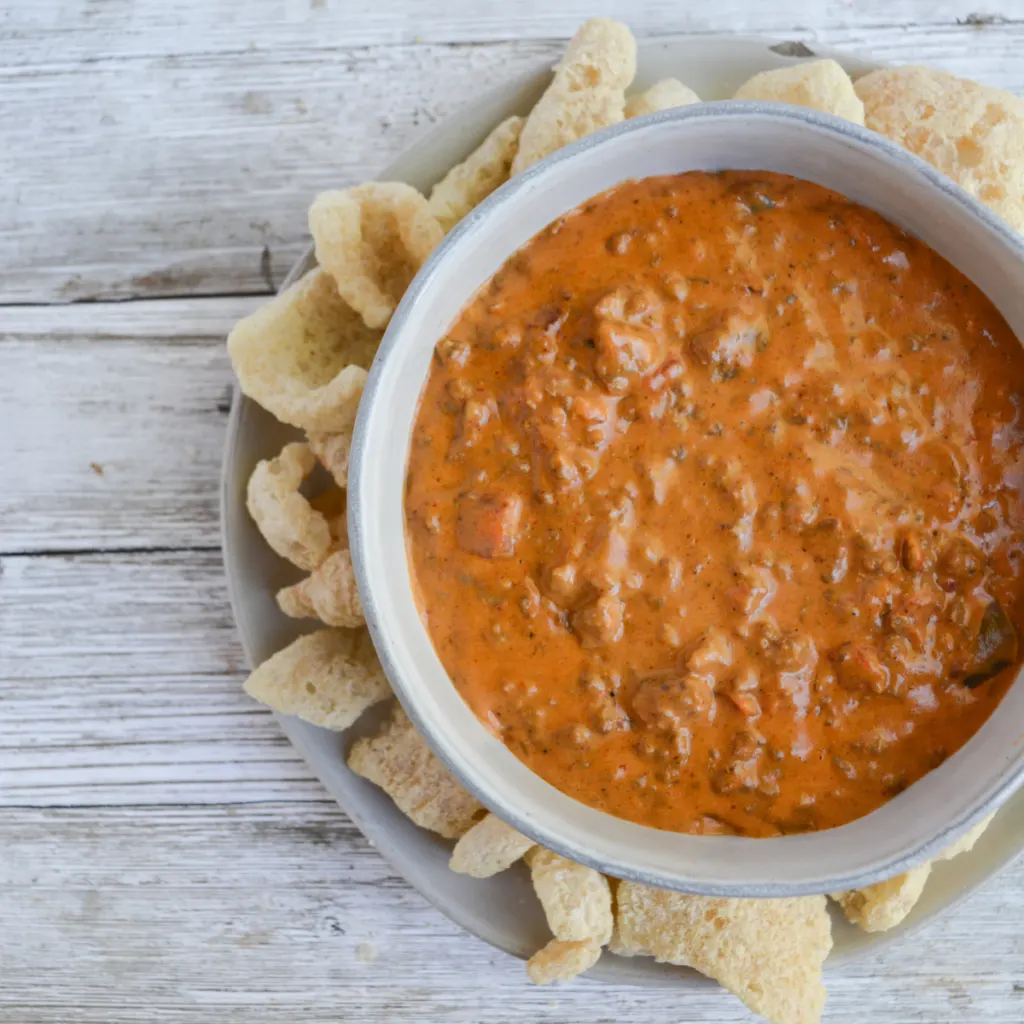 close up on bowl of low carb chili cheese dip
