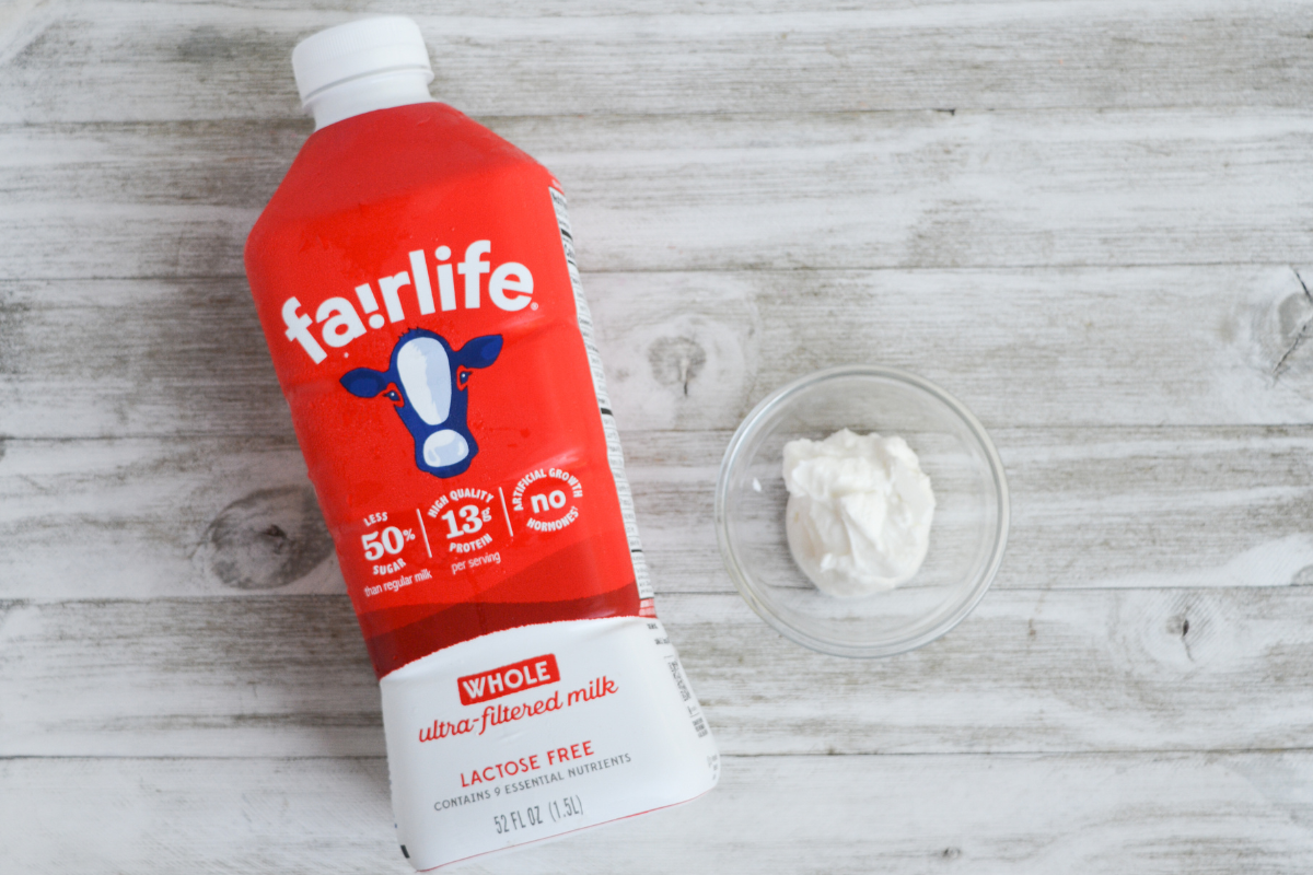 ingredient shot of fairlife whole milk and yogurt starter